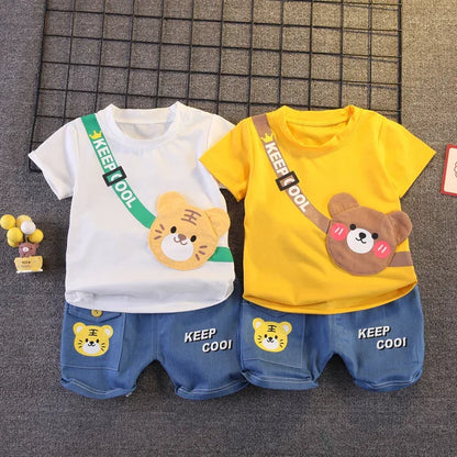 Children's clothing children's short sleeved shorts set stylish baby summer clothing children's shoulder bag T-shirt cartoon set - Shello's Creative Boutique