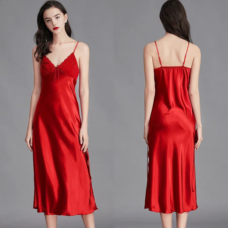 Ice Silk Long Nightdress - Spaghetti Strap Summer Sleepwear - Shello's Creative Boutique