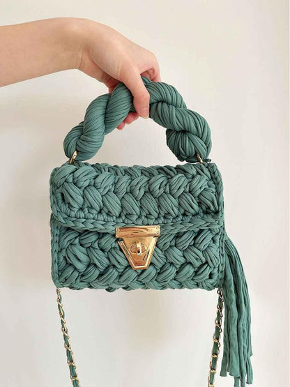 Women Crochet Shoulder Bag - Hand Woven Crochet Tassel Bag with Fried Dough Twists - Shello's Creative Boutique
