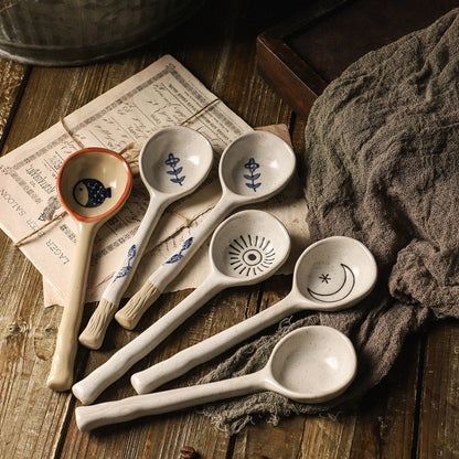 Ins Style Japanese Style Stoneware Small Soup Spoon Ceramic Spoon, Long Handle Spoon Household Cute Creative Rice Spoon eprolo