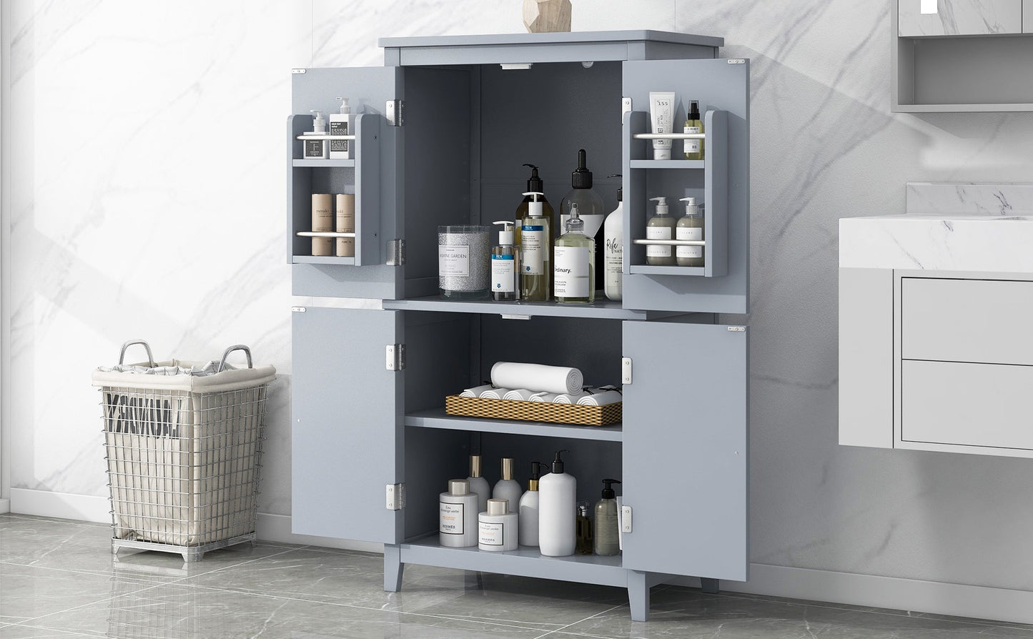 Bathroom floor storage cabinet, bathroom storage cabinet, 4-door independent cabinet, adjustable shelf, adaptive shelf, gray eprolo