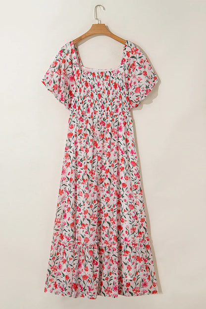 Pink Floral Maxi Dress - Plus Size Square Neck Puff Sleeve Ruffle Dress for Summer - Shello's Creative Boutique