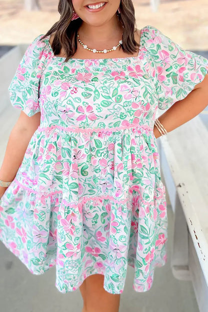 White Floral Print Ric-Rac Trim Square Neck Plus Size Mini Dress - Whimsical Elegance for Every Occasion! - Shello's Creative Boutique