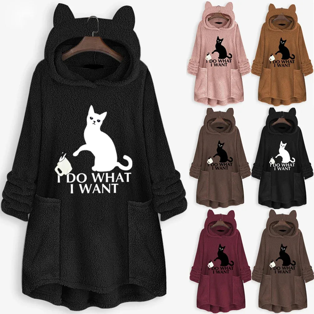 Womail Hoodie Sweatshirt Womens winter Fleece Cat Ear Long Pocket loose Casual Hooded Feminine Oversize Sweatshirt Plus Size - Shello's Creative Boutique