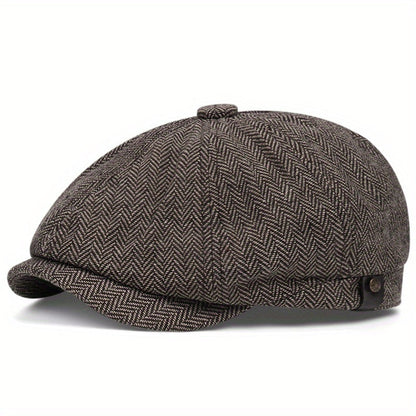 Men&Apos;S Retro Herringbone Flat Cap - Black Casual Beret with Vintage Style, Knitted Polyester, Perfect for Valentine&Apos;S Day, Everyday Headwear | Vintage Flat Cap | Knitted Texture Shello's Creative Boutique