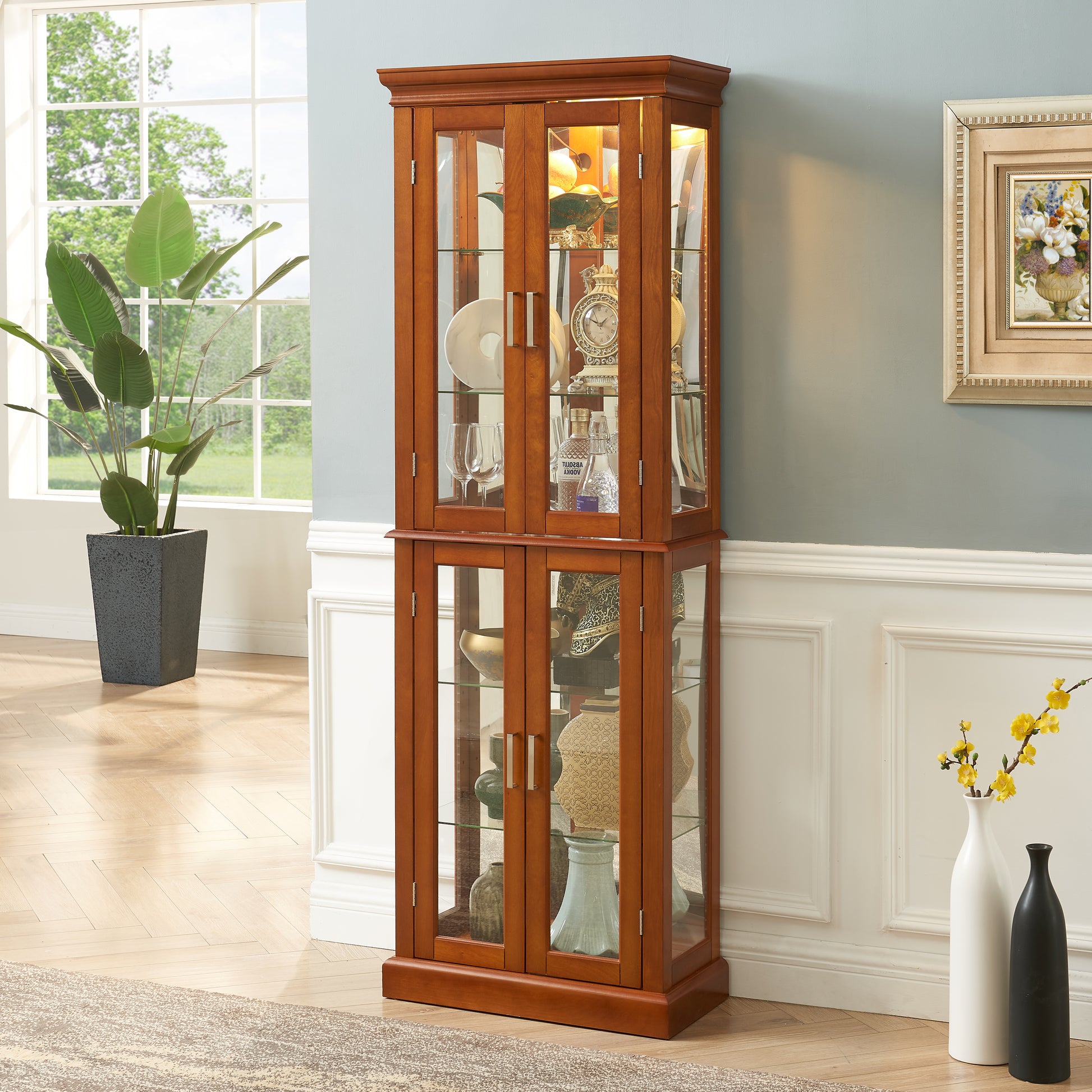 Lighting Curio Diapali cabinet with adjustable shelves, mirror back panel, tempered glass door (without light bulb), walnut wood eprolo