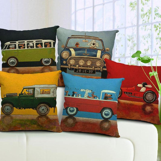 Pillow Lovely Cartoon Dog Driving Car Vintage Almofadas 45X45CM Linen Pillow Decorative Linen Cushion Cover Shello Creative Boutique