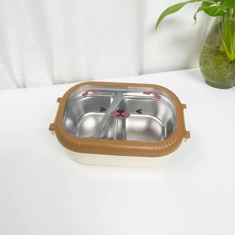 Cartoon cute bear stainless steel portable compartment lunch box with lid - Shello's Creative Boutique