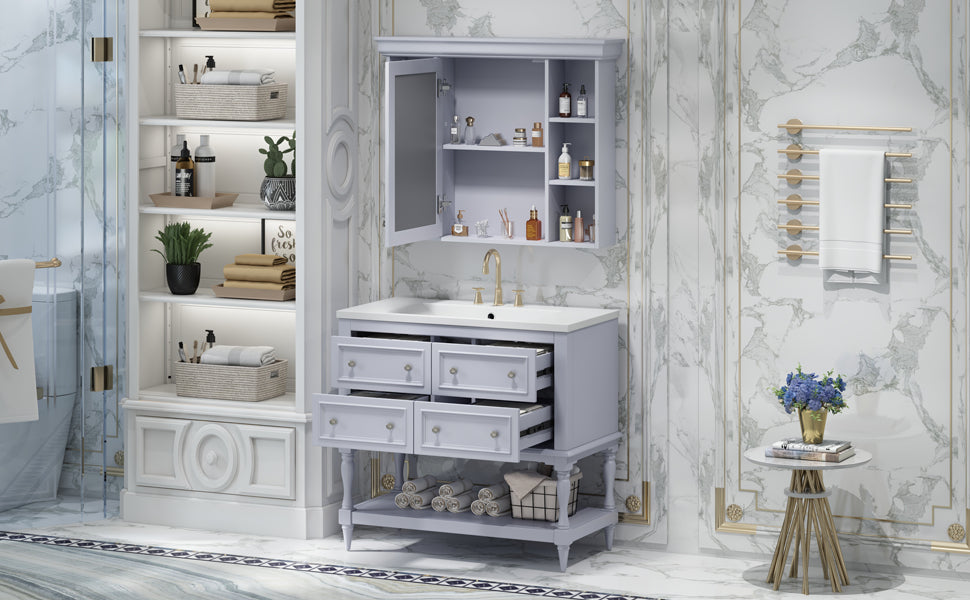 36'' Bathroom Vanity with Medicine Cabinet, Modern Mirror Cabinet with Adjustable Shelf, Bathroom Storage Cabinet with 4 Drawers eprolo