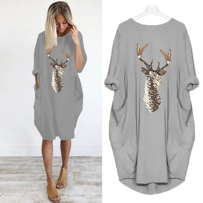 Women's Christmas Moose Print Dress - Long Sleeve Knee-Length (S-5XL) - Shello's Creative Boutique