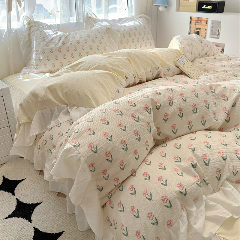 Skin friendly French romantic lace washed cotton printed bed bedding skirt four piece set of bed sheets bedsheet eprolo