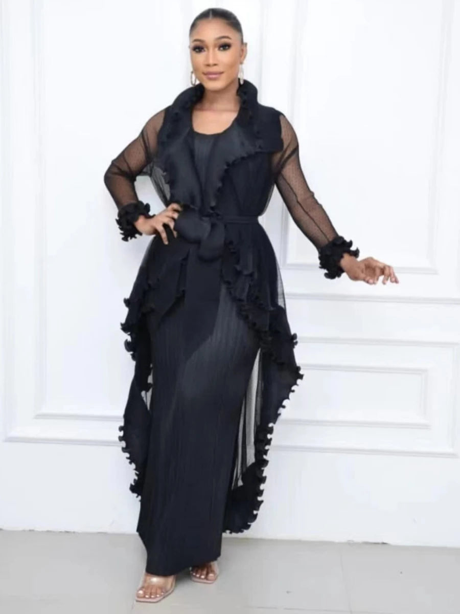 Heavy Industry Pleated Set Solid Flounced Edge Full Sleeved Sexy Evening Party Two Piece Sets for Women eprolo