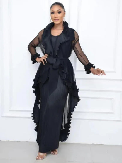 Heavy Industry Pleated Set Solid Flounced Edge Full Sleeved Sexy Evening Party Two Piece Sets for Women - Shello's Creative Boutique