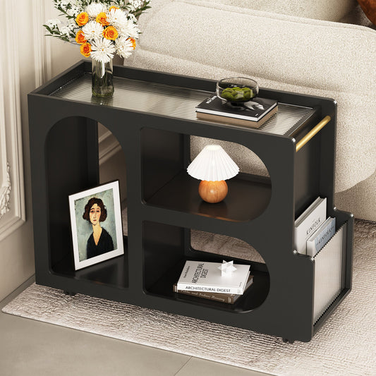 Stylish mobile desk with lockable wheels,bedside table with 5mm thick grooved tempered glass and gold round bars ，black eprolo