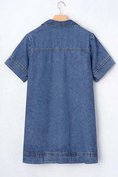 Denim Mini Dress - Women's Short Sleeve Collared Shirt Dress - Shello's Creative Boutique