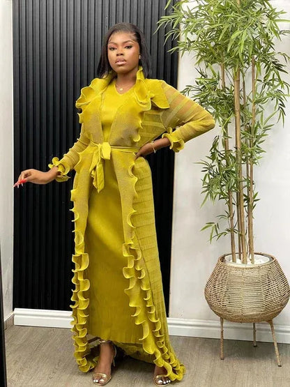 Heavy Industry Pleated Set Solid Flounced Edge Full Sleeved Sexy Evening Party Two Piece Sets for Women - Shello's Creative Boutique