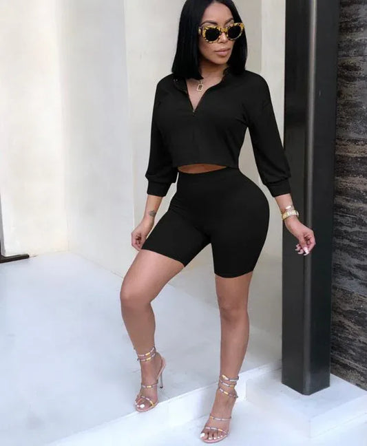 Women Sets Two Piece Sets Crop Top Turn Collar Plus High Waist Pencil Short Pants - Shello's Creative Boutique