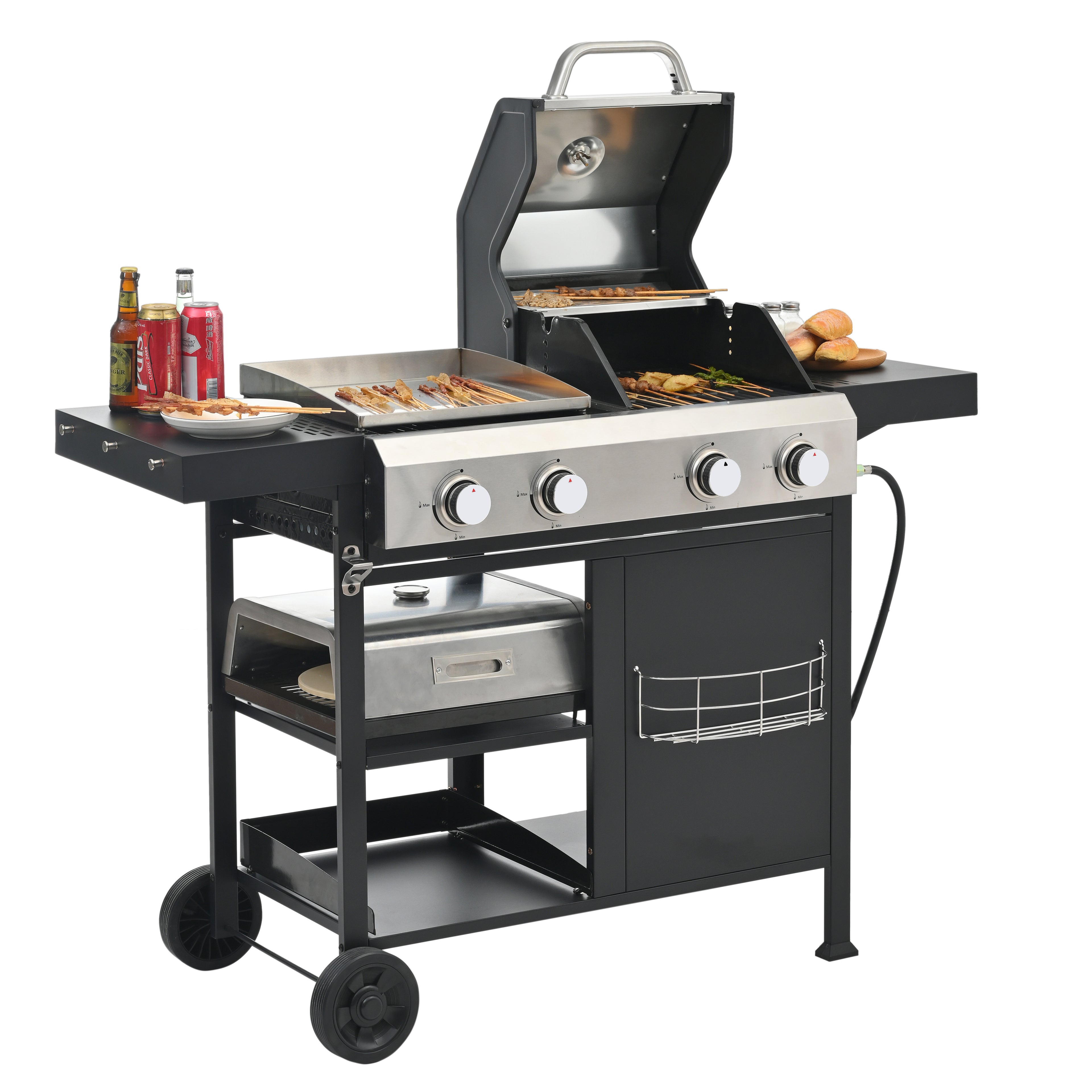 2+2 multifunctional gas barbecue grill and covered grill combination for outdoor cooking - barbecue, barbecue, pizza. eprolo