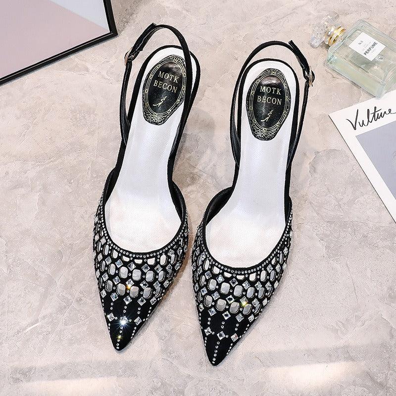 Semi-trail pointed toe rhinestone thin heel bag toe high heel strap - Shello's Creative Boutique