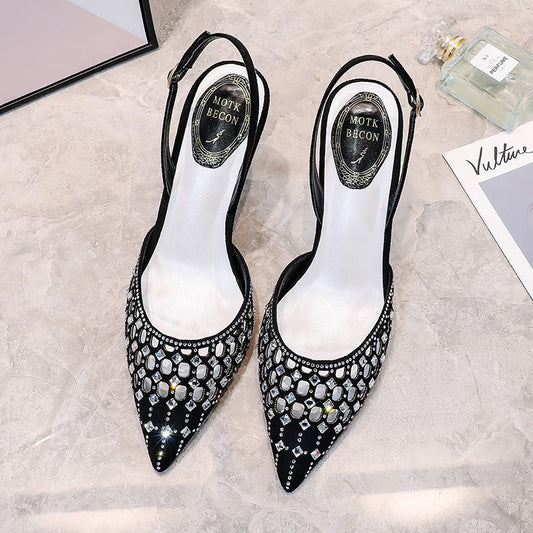 Semi-trail pointed toe rhinestone thin heel bag toe high heel strap Shello Creative Boutique