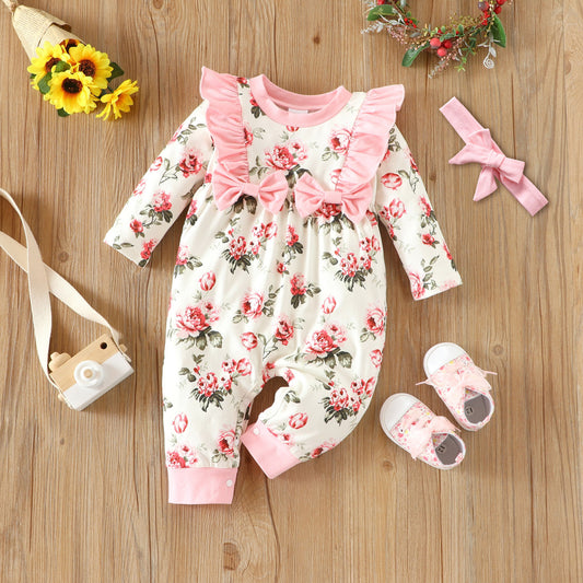 Infant Children's Long-Sleeved Lace Bow Flower One-Piece Romper Girl Baby Autumn And Winter Romper eprolo