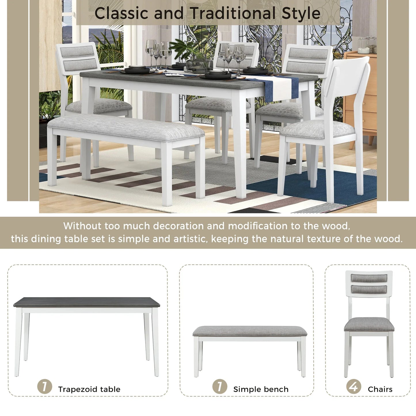 TREXM Classic and Traditional Style 6 - Piece Dining Set, Includes Dining Table 4 Upholstered Chairs & Bench (White+Gray) - Shello's Creative Boutique