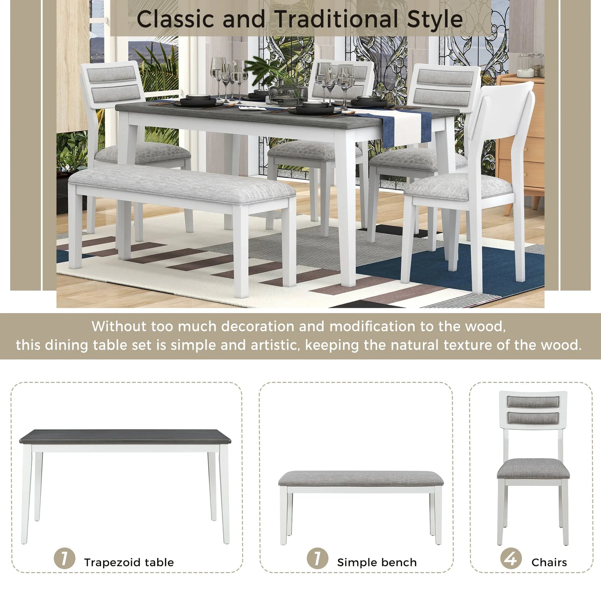 TREXM Classic and Traditional Style 6 - Piece Dining Set, Includes Dining Table 4 Upholstered Chairs & Bench (White+Gray) - Shello's Creative Boutique