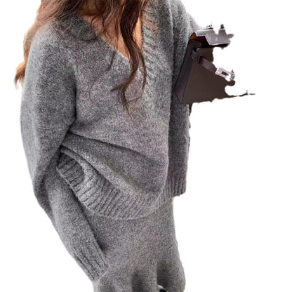 Korean Lazy Sweater Set Skirt Women's Autumn/Winter V-neck Knitted Top Fish Tail Half Skirt Fashion Two piece Set - Shello's Creative Boutique