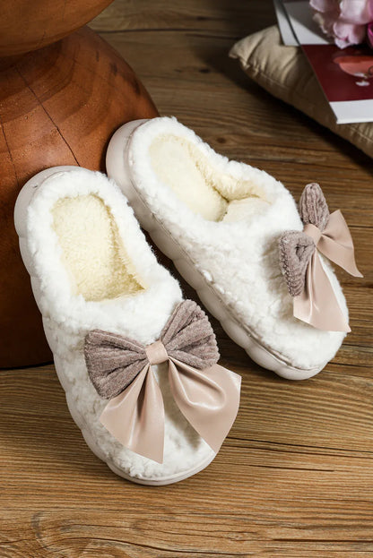 White Contrast Bowknot Applique Plush Winter Slippers - Shello's Creative Boutique