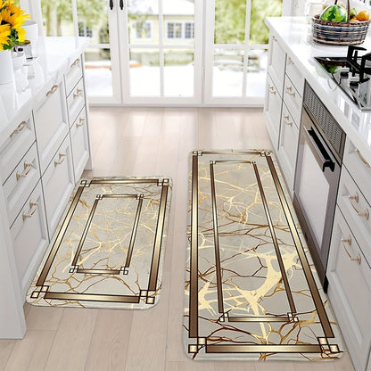 2/3 Piece Spring Summer Kitchen Mat Set - Marble Gold Plated Design Absorbent Washable Floor Mats