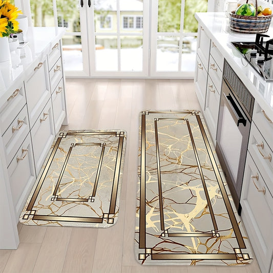 2/3 Piece Spring Summer Kitchen Mat Set - Marble Gold Plated Design Absorbent Washable Floor Mats