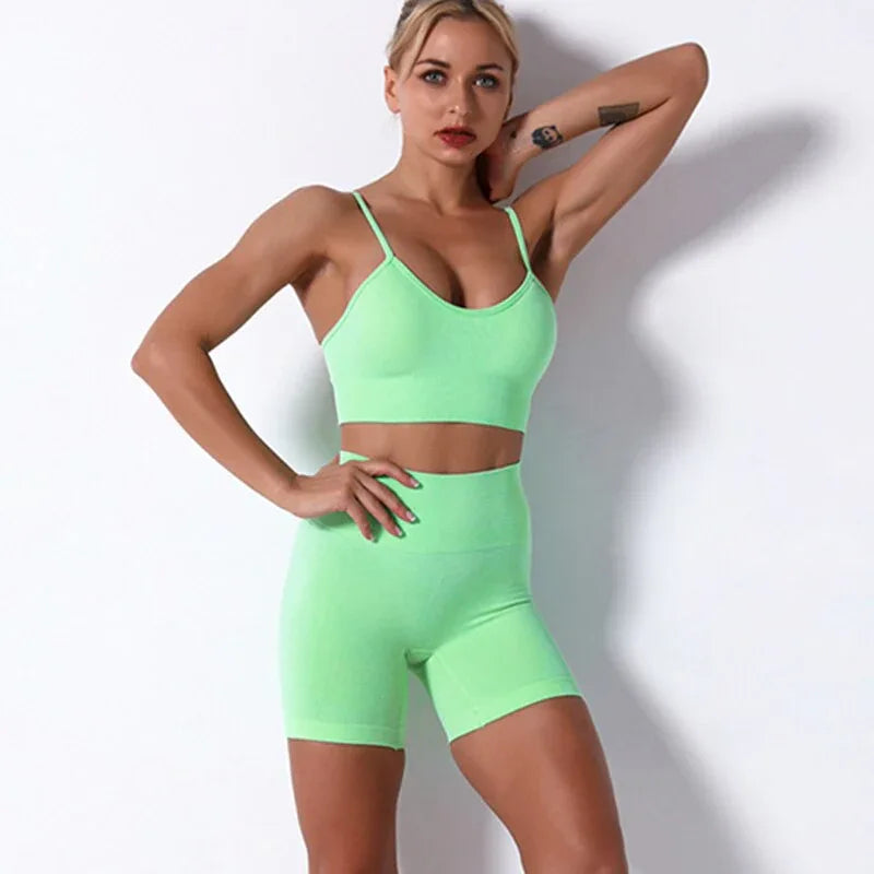 2Pcs/3Pcs/4Pcs Yoga Set Women Clotching Fitness Sportswear Seamless High Waist Leggings Shorts Shirt Crop Top Sport Bra - Shello's Creative Boutique