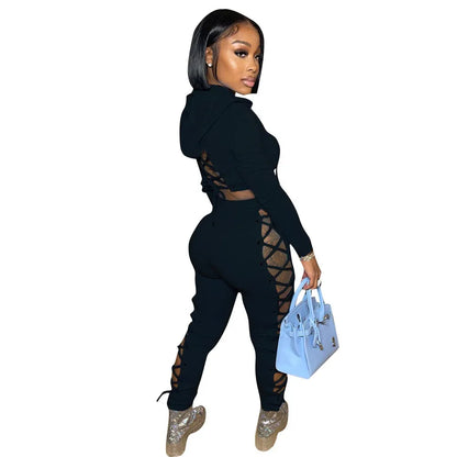 Autumn Women Tracksuit Two Piece Set Backless Hollow Out Bandage Solid Color Party Night Clubwear Sportsuit Clothes For Women - Shello's Creative Boutique
