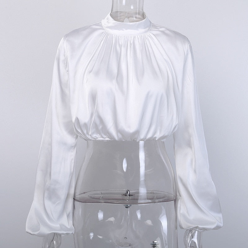 Blouses Satin Lantern Long Sleeve Women Blouse Spring Autumn Turtleneck Silk Women's Cropped Blouses and Shirts Top Blusas eprolo