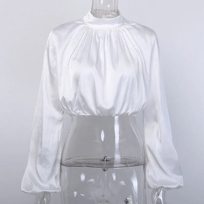 Satin Lantern Sleeve Blouse - Turtleneck Cropped Top - Shello's Creative Boutique