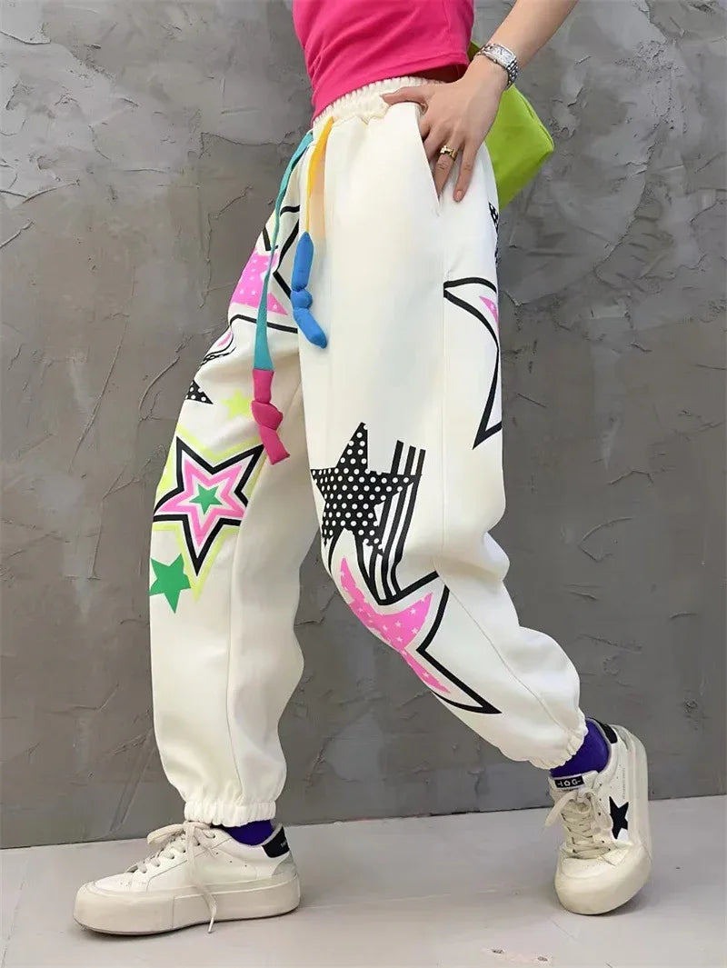 Hoodie women's long and fashionable cartoon graffiti print loose casual round neck autumn outfit set - Shello's Creative Boutique