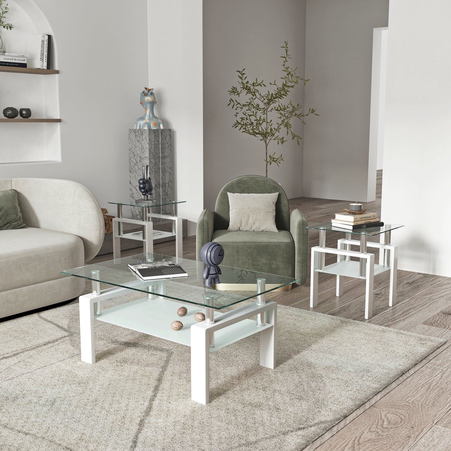 Set of 2, Modern Tempered Glass Tea Table Coffee Table End Table, Square Table for Living Room, Transparent/White eprolo
