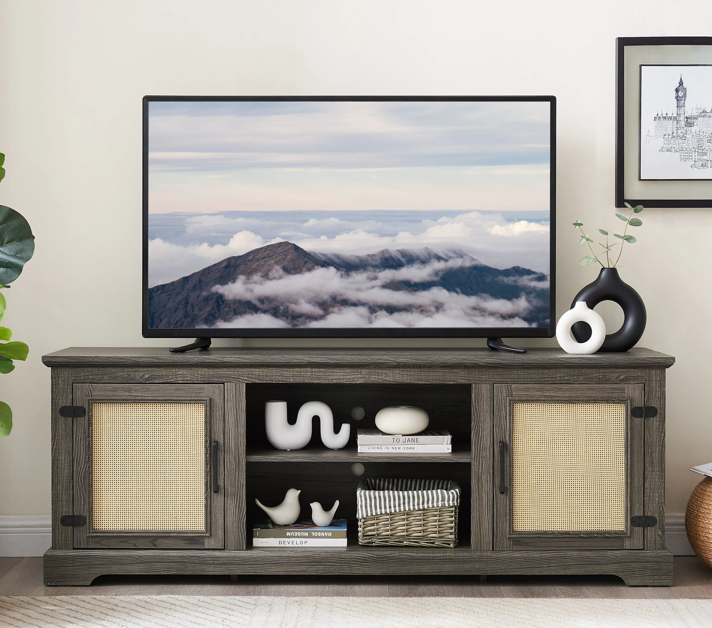 Vine TV stand console table, suitable for TVs under 70 inches, equipped with 2 storage shelves and 2 natural rattan doors, gray - Shello's Creative Boutique