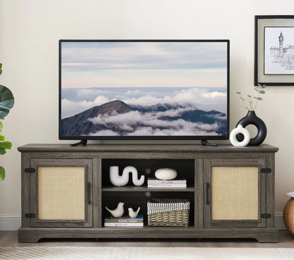 Vine TV stand console table, suitable for TVs under 70 inches, equipped with 2 storage shelves and 2 natural rattan doors, gray - Shello's Creative Boutique