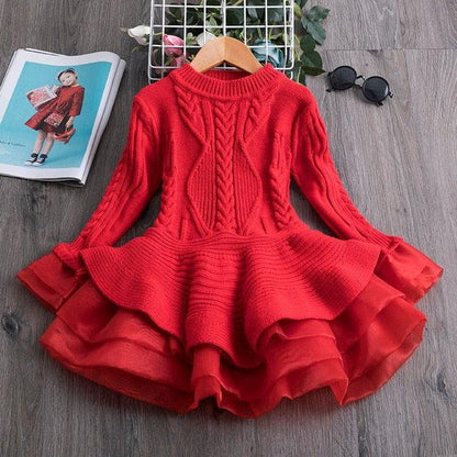 Winter Knitted Chiffon Girl Dress – Party Long Sleeve Children’s Clothes - Shello's Creative Boutique