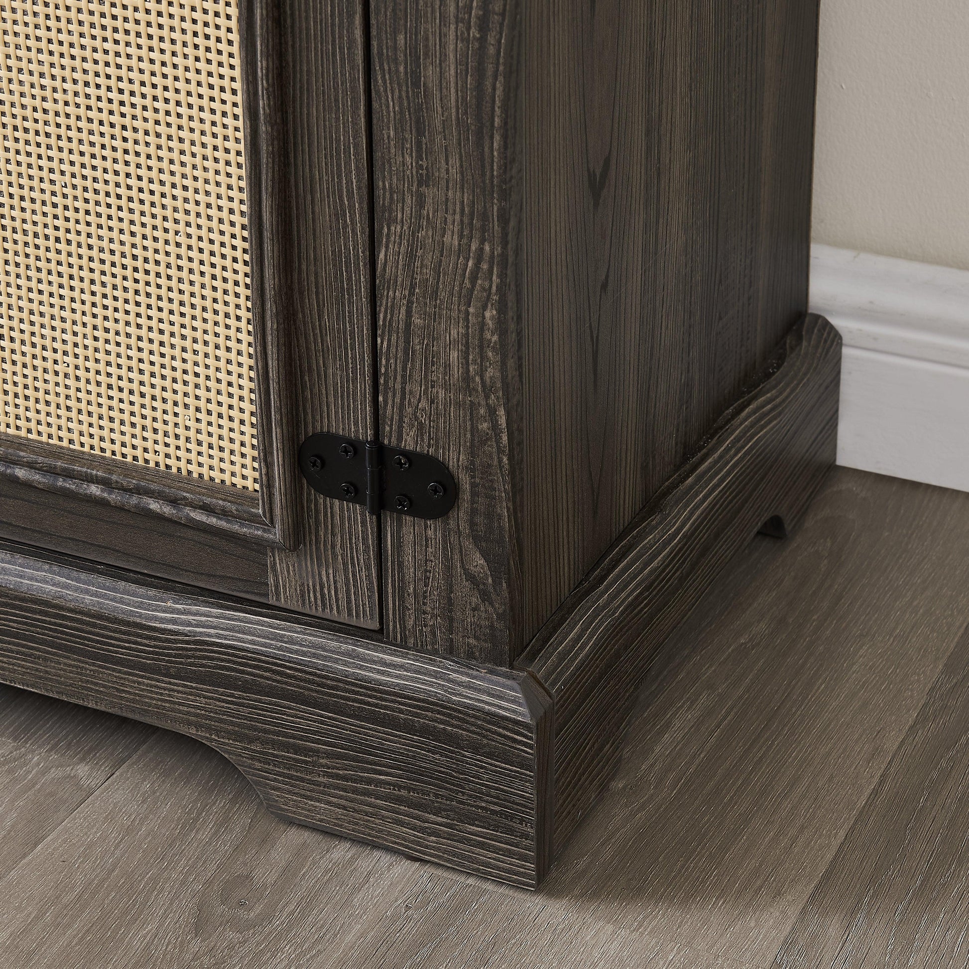 Vine TV stand console table, suitable for TVs under 70 inches, equipped with 2 storage shelves and 2 natural rattan doors, gray - Shello's Creative Boutique