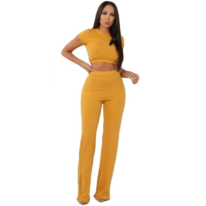 Women knitted long sleeve o-neck crop top wide leg pants 2 piece set for female women tops pants two pieces sets women's suits - Shello's Creative Boutique