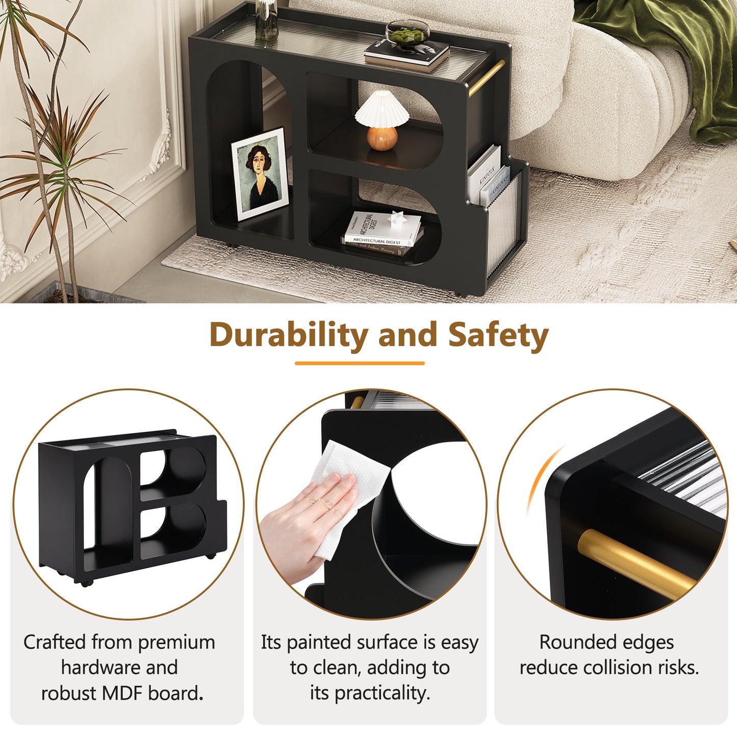 Stylish mobile desk with lockable wheels,bedside table with 5mm thick grooved tempered glass and gold round bars ，black eprolo