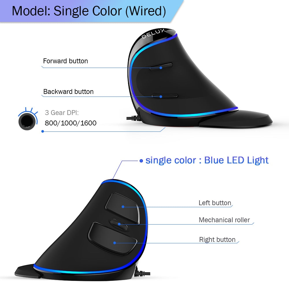 Delux M618 PLUS Ergonomics Vertical Gaming Mouse 6 Buttons 4000 DPI RGB Wired/Wireless