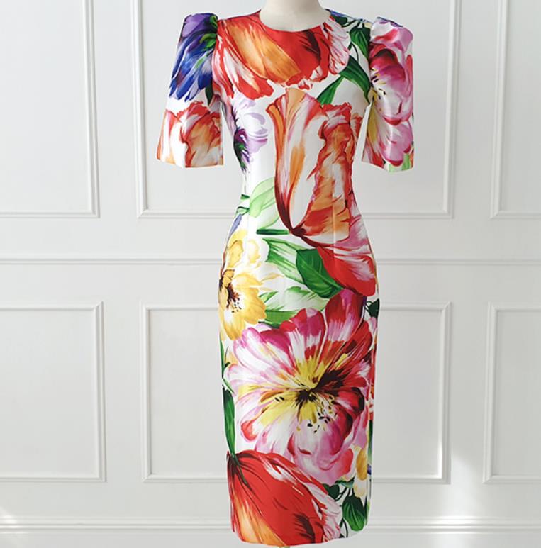 Tingfly Women Vintage Elegant Aesthetic Flower Print Slim Bodycon Midi Party Night Dresses Casual Office Lady Work Elbise Wear