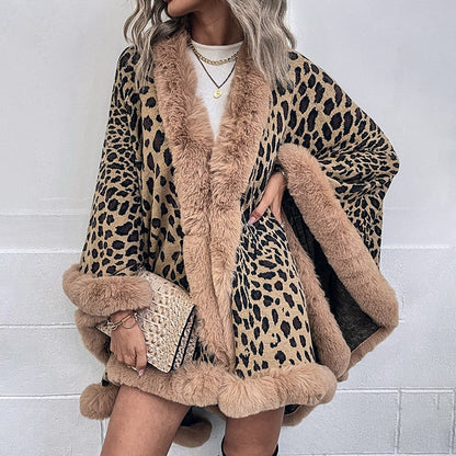 Autumn and Winter Wool Collar Cape Cardigan Leopard Cape Sweater Women eprolo
