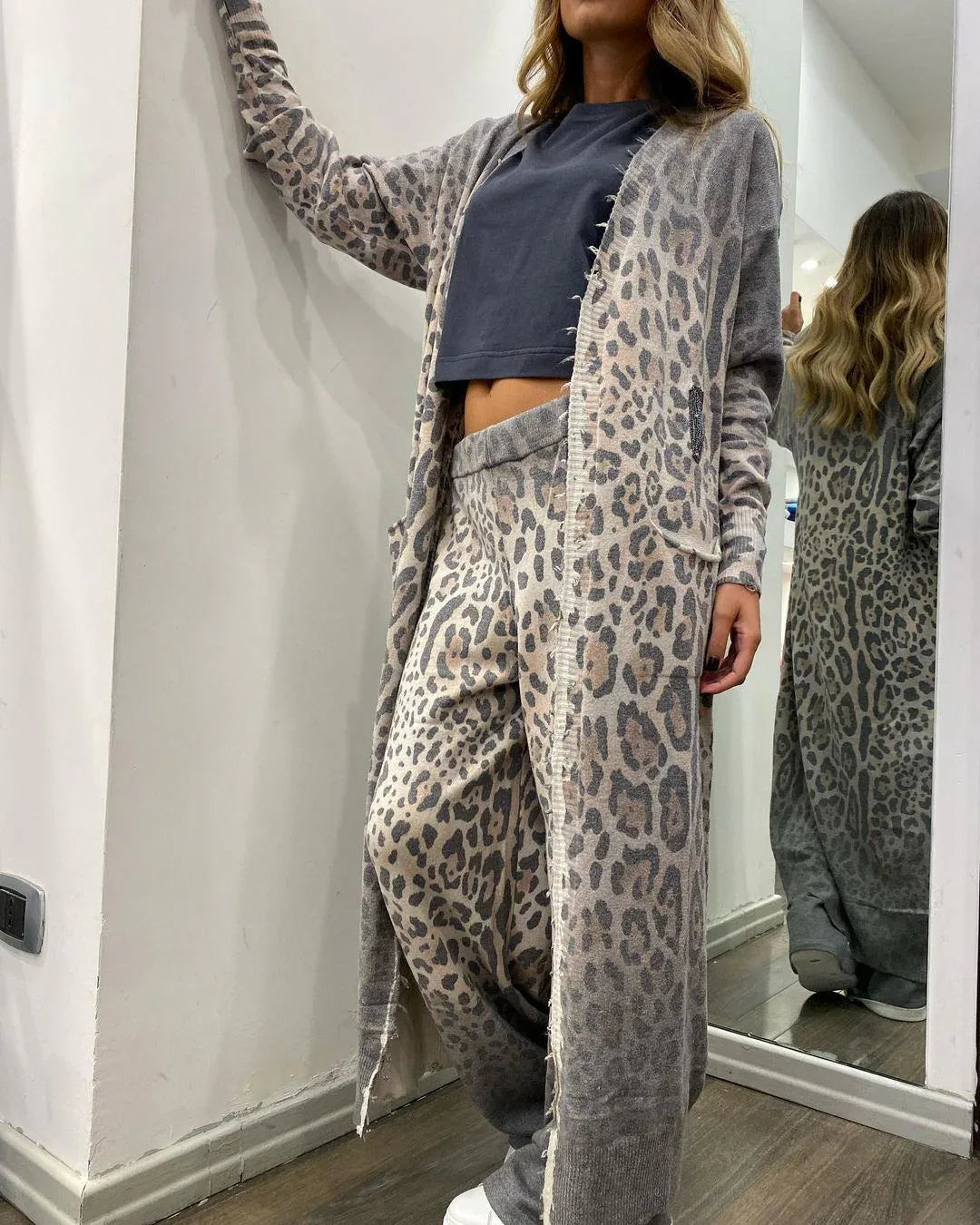 New leopard print long sleeved cardigan jacket, long pants set, two-piece set for women - Shello's Creative Boutique