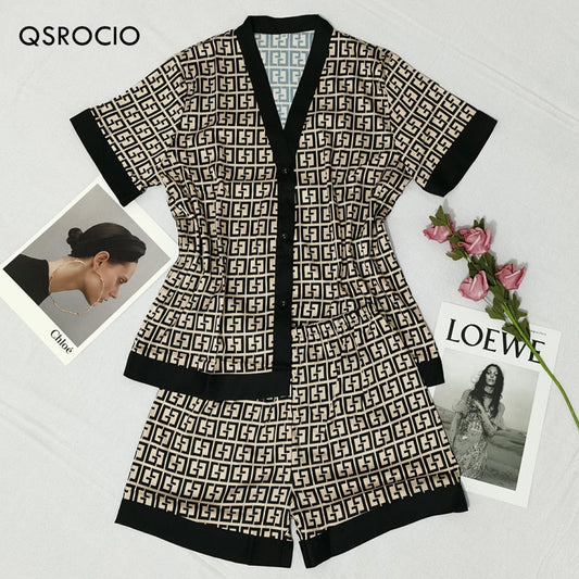 QSROCIO Women's Pajamas Set Luxury Fashion Cross Letters Print Short Sleeve Sleepwear Silk Like Leisure Home Clothes Nightwear eprolo