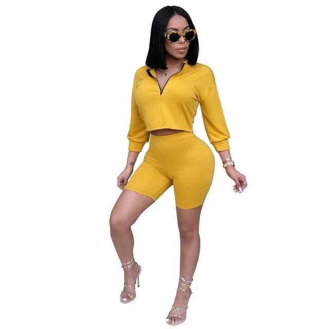 Women Sets Two Piece Sets Crop Top Turn Collar Plus High Waist Pencil Short Pants - Shello's Creative Boutique