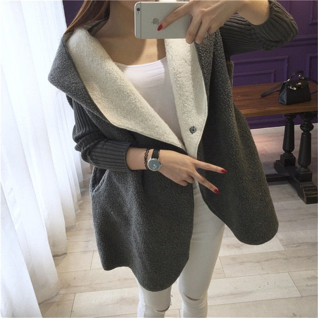 Loose Lamb Wool Cardigan Solid Color Hooded Long Fashion Coat Knitted Sleeve Stitching Warm Jacket eprolo